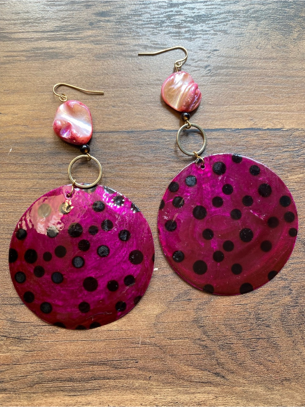 Purple Polka Dot Drop Earrings with Shell Accent - Women's Jewelry